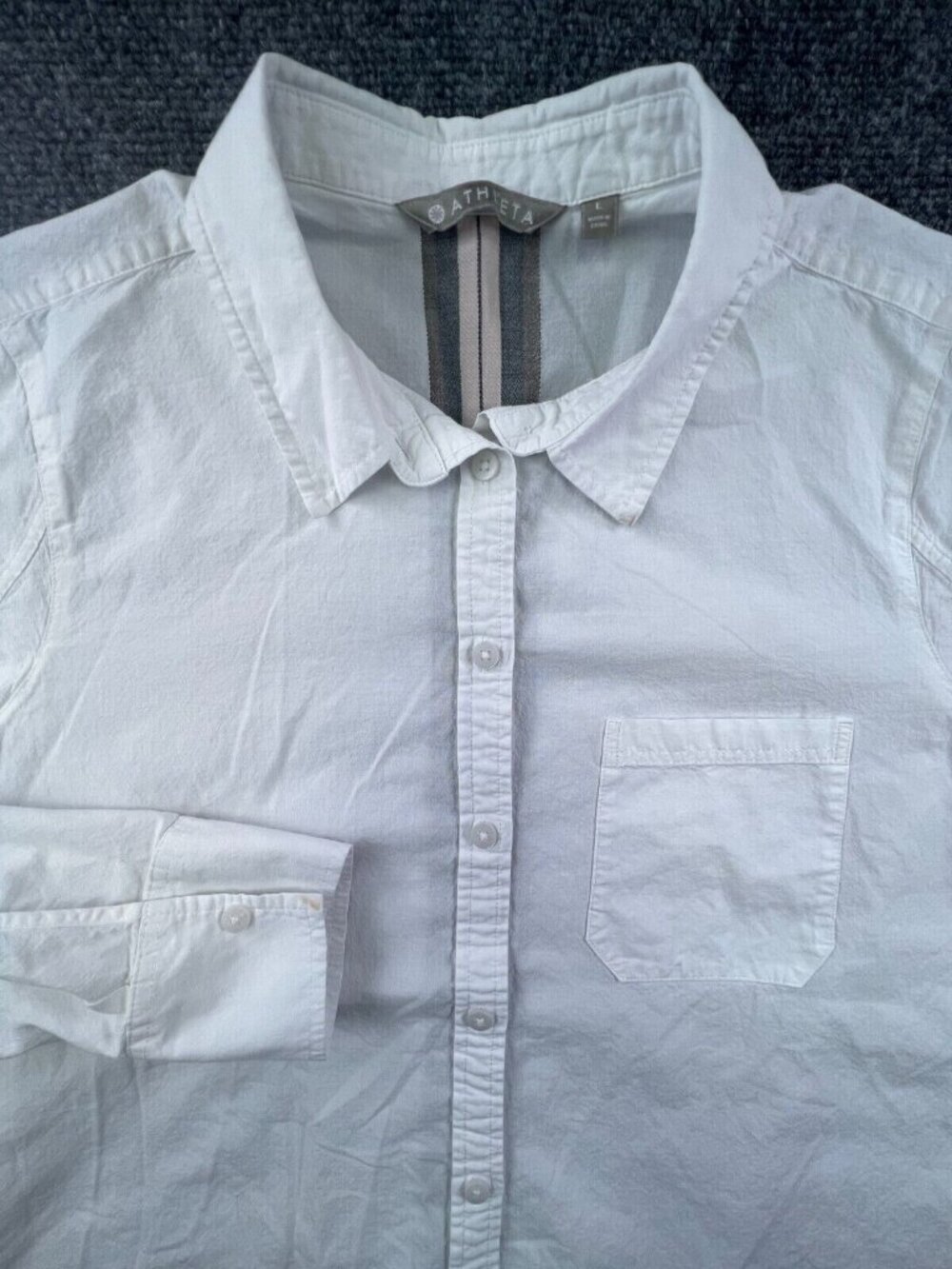 Athleta Women Large White Button Up Top Back Stripe Viscose Long Sleeve Large